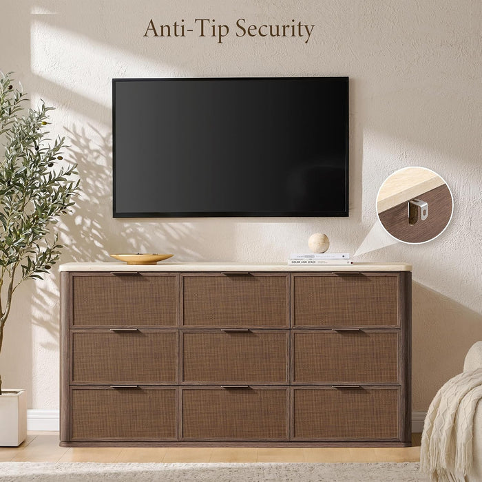 Rattan 9 Drawer Dresser for Bedroom, 63.1" Wide Modern Chest of Drawers with Faux Travertine Top, Solid Wooden Dresser TV Stand for Living Room, Nursery, Hallway, Dark Oak