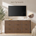 Rattan 9 Drawer Dresser for Bedroom, 63.1" Wide Modern Chest of Drawers with Faux Travertine Top, Solid Wooden Dresser TV Stand for Living Room, Nursery, Hallway, Dark Oak