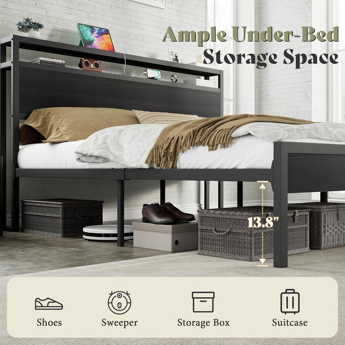 Full Size Bed Frame with Storage Headboard & Charging Station, Industrial Metal Platform Bed with Large Under-Bed Storage, Heavy Duty Slats, No Box Spring Needed, Black