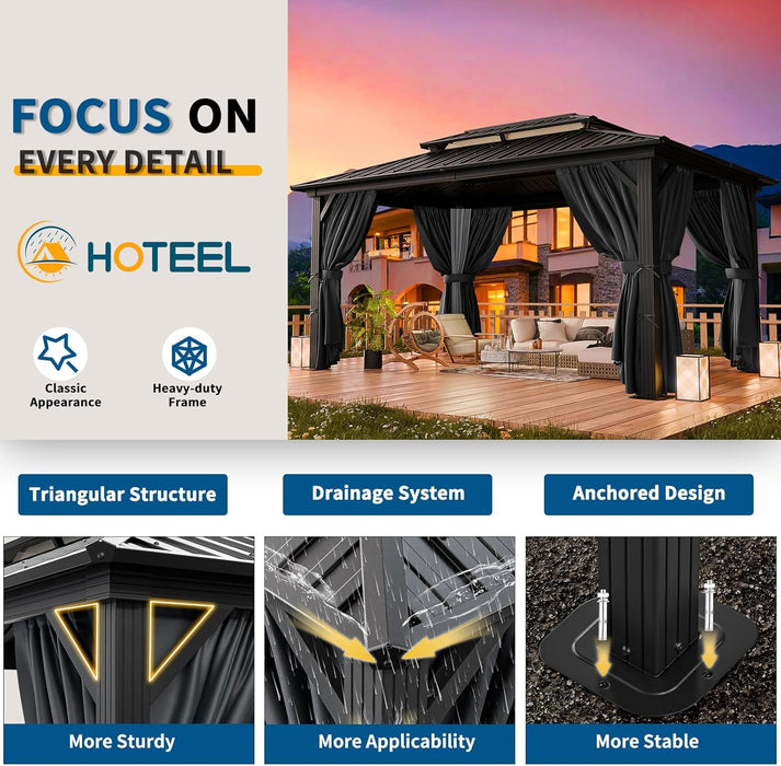 10X15 Hardtop Gazebo on Clearance with Heavy Duty Galvanized Steel Metal Roof, Patio Hard Top Gazebo with Curtains & Netting,Outdoor Permanent Hot Tub Gazebo Pavillon for Backyard,Deck,Black