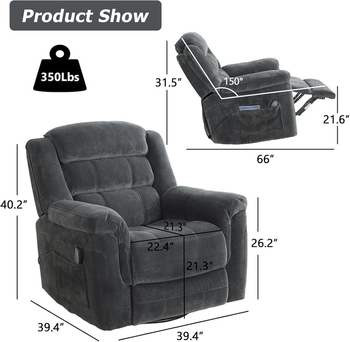 Grey Heated Recliner with Massage, Swivel Rocker