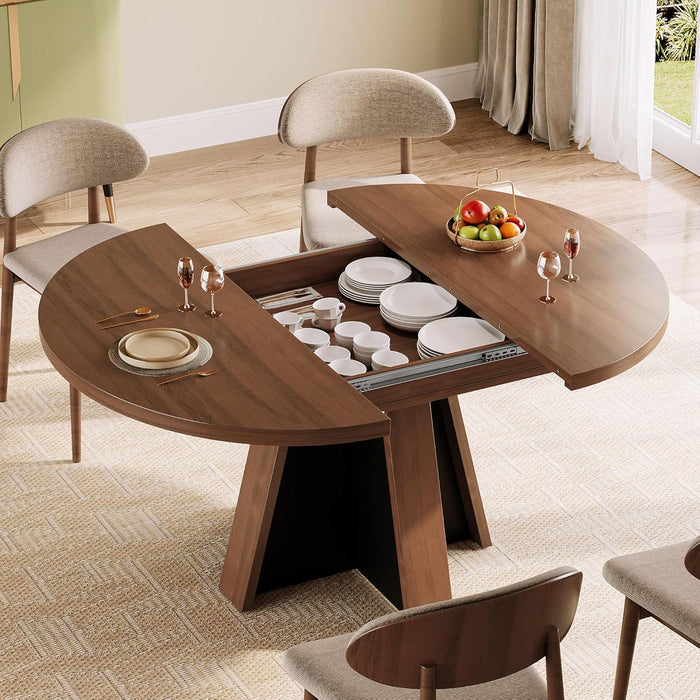 43.3In-59In Extendable round Dining Table for 4-6, Modern Wooden Kitchen Table for Dining Room, Adjustable Size Oval Circle Dinner Tables Furniture for Kitchen Living Room, Walnut Brown