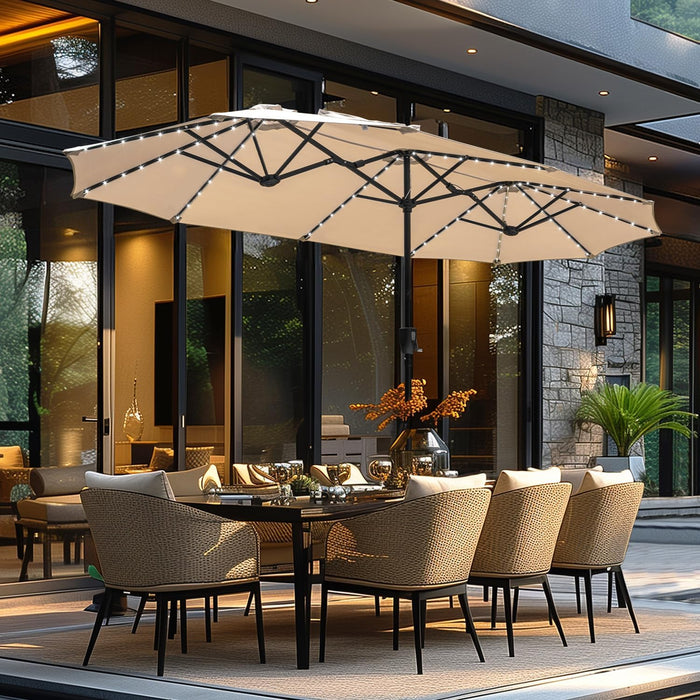 13Ft Outdoor Patio Umbrella with Solar Lights, 120 LED 12-Mode Large Double Sided Rectangular Table Umbrella, Heavy Duty Triple-Head Shade for Backyard Deck & Poolside, Beige (No Base)