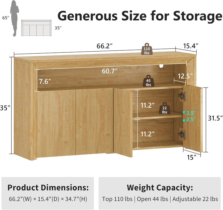 TV Stand for Tvs up to 85 Inch, Wood Entertainment Center with Open & Adjustable Storage, Mid Century Modern TV Media Console with LED Lights for Living Room, Bedroom, Oak
