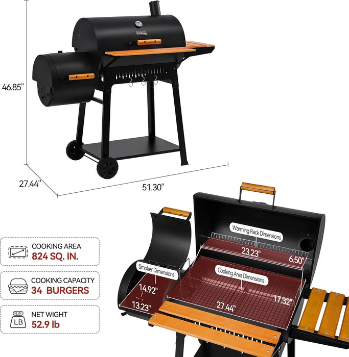 Barrel Charcoal Grill with Offset Smoker, 824 Sq. In. Cooking Area, Wooden Front Shelf, Bottom Shelf, Blow-Molded Wheels, Outdoor Charcoal Grill for Backyard Cooking, Black,Cc1831W