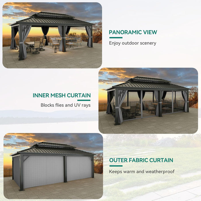 12X20FT Hard Top Metal Gazebo Patios Double Roof Canopy Aluminum Frame Garden Gazebo Tent Curtains Netting for Patios Backyards Decks Lawns Gray