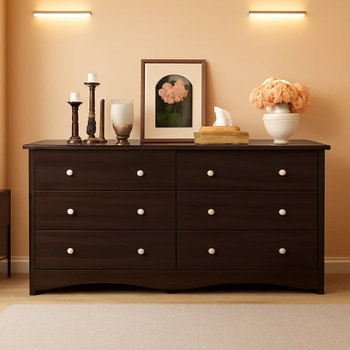 Dresser for Bedroom, 6 Wood Dresser Drawers, Wide Chest of Drawers, Storage Tower Unit, Modern Design for Bedroom, Living Room, Hallway, Entryway (Dark Brown)