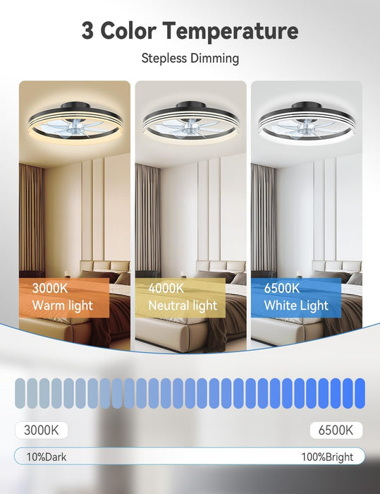 Modern Bladeless Ceiling Fans with Lights, Small Fandelier Bedroom Ceiling Fan - Low Profile LED Fan Light with Remote APP, Flush Mount, Dimmable, DC Motor, 6 Speeds, Timer (18 Inch, Black)