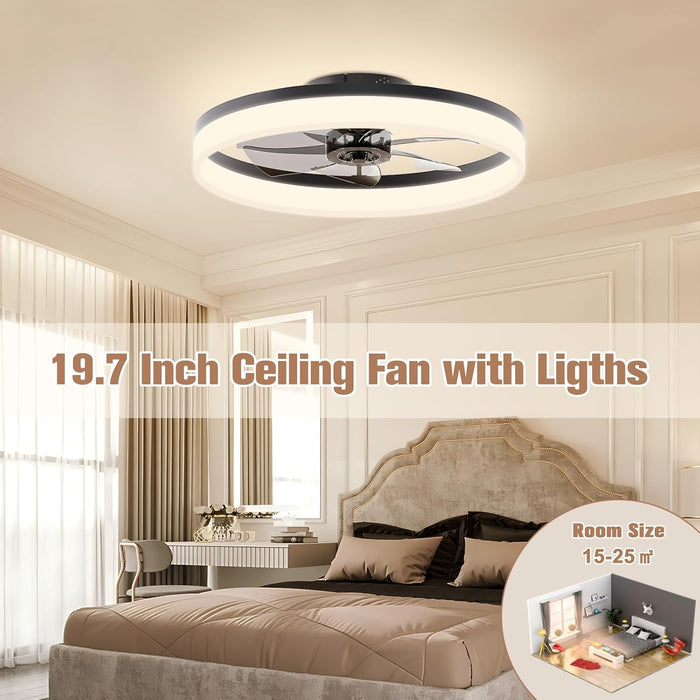 Low Profile Ceiling Fans with Lights and Remote, Fandelier Ceiling Fan Flush Mount, 3000K-6500K Smart Bladeless LED Fan Light, Black Modern Ceiling Fans with Lights for Bedroom