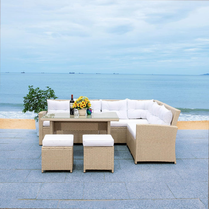 SAFAVIEH Outdoor - Miki 6-Piece Corner Sectional - Beige & White - Faux Wicker & Steel Frame - Wicker Sectional Set with Glass Table - Ideal for Patio, Deck, Porch, Backyard (PAT7708B)
