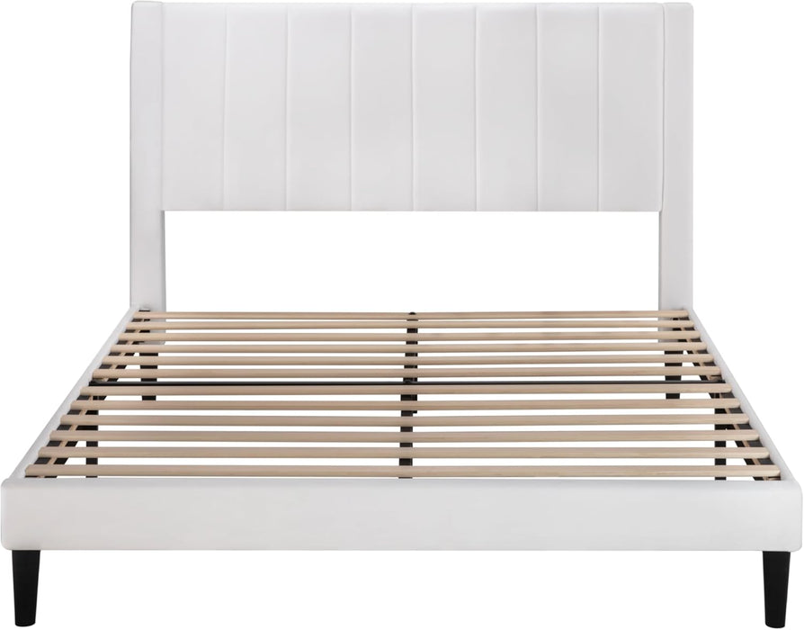 Queen Bed Frame/Velvet Upholstered Bed Frame with Vertical Channel Tufted Headboard/Strong Wooden Slats/Platform Bed Frame/Mattress Foundation/Box Spring Optional/Easy Assembly/White