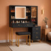 Makeup Vanity with Upholstered Stool & Charging Station, Vanity Desk with Mirror and Lights & Jewelry Storage, Vanity Table Set with RGB Lights & 5 Drawers & Shelves, Black & Gold