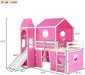 Twin over Twin House Bunk Bed, Kids Playhouse Bed, Solid Wood Bunk Bed Frame with Slide Pink Tent and Tower, for Girls and Boys, Pink