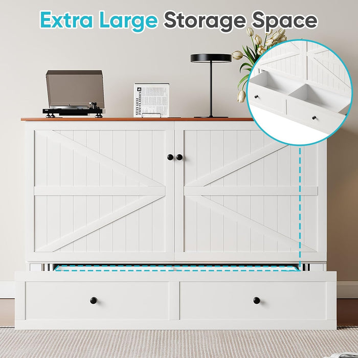 Queen Size Murphy Bed with Tri-Folding Mattress，Murphy Bed with Charging Station and Two Large Storage Drawers for Small Spaces/Bedroom（White）