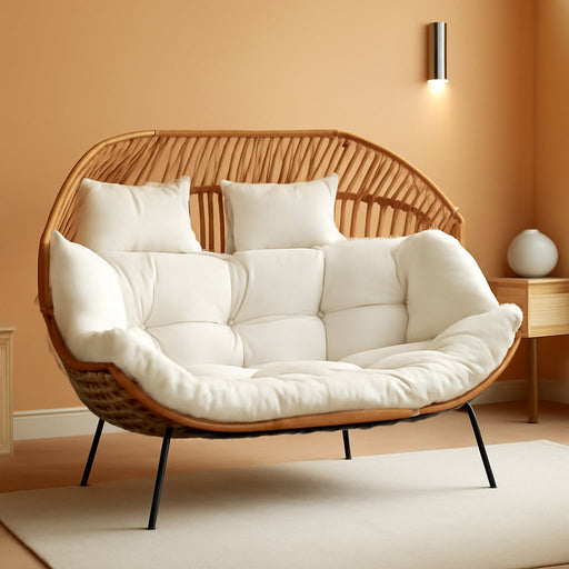 Double Egg Chair Wicker Outdoor Chairs, 2 Person Oversized Patio Loveseat Lounge Chair with Cushion, Indoor Living Room Bedroom outside Patio Backyard Balcony Leisure Chair, Creamy White