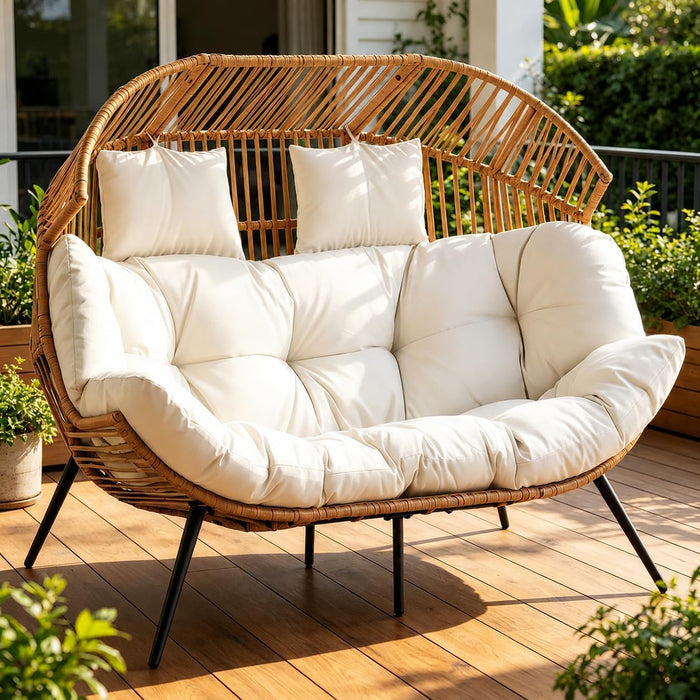 Double Egg Chair Wicker Outdoor Chairs, 2 Person Oversized Patio Loveseat Lounge Chair with Cushion, Indoor Living Room Bedroom outside Patio Backyard Balcony Leisure Chair, Creamy White