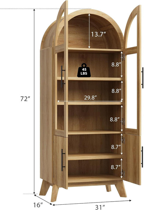 71" Modern Fluted Display Cabinet with Glass Door, Arched Curio Cabinet with Adjustable Shelf, Bookcase for Collectibles Books, Storage Cabinet for Living Room, Dining Room, Natural Oak