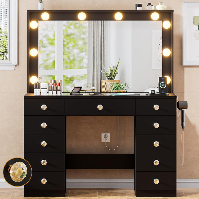 42.1" Vanity with Large Mirror and 10 LED Lights, Vanity Desk with Glasstop, 11 Drawers with Crystal Handles, Dressing Table with Power Outlet as Gift for Women, Girls (Black)