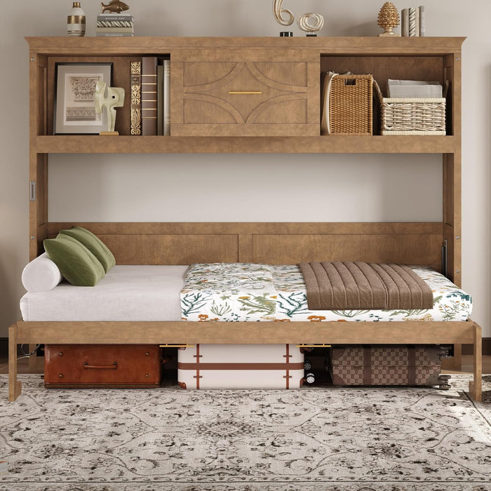Natural Wood Twin Murphy Bed With StorageBookcaseDrawer
