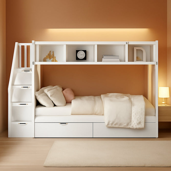 Twin over Full Bunk Bed with Storage Shelves, Stairs, Solid Wood Staiway Bunk Bed Frame with 2 Drawers, for Kids Teens Adults (White)
