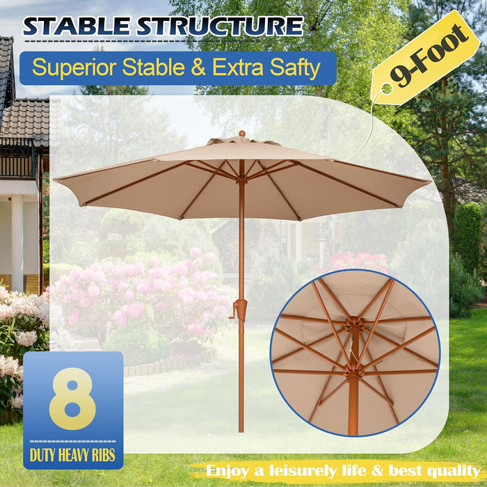 9FT Outdoor Patio Umbrella, Market Table Umbrella with 8 Sturdy Ribs and Crank System, Fade-Resistant & Waterproof for Garden Backyard Poolside Deck