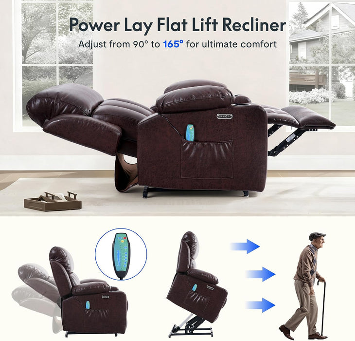 FLEXISPOT XL31-XL Oversized Power Lift Recliner for Elderly, 400 Lbs Heavy Duty Lay Flat Lift Chair with Extra Wide 27" Seat, Massage & Heat, Dual Motor Electric Recliner for Living Room, Dark-Brown