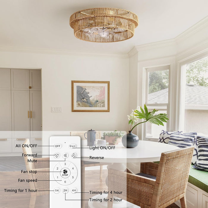 Rattan Boho Ceiling Fan with Light Flush Mount, 20 Inch Caged Ceiling Fans with Light and Remote Control, Low Profile Enclosed 6 Speeds for Bedroom, Nursery, Living Room, E26 Base (Brown)