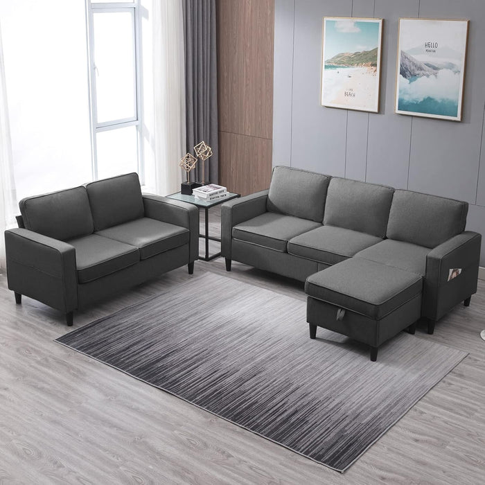 Dark Gray Linen Sectional Sofa Set with Storage