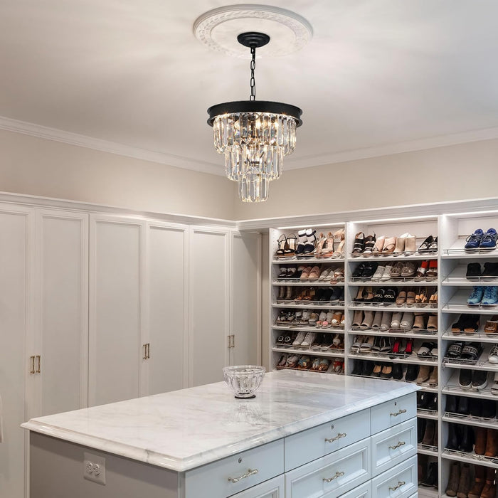 Crystal Chandeliers for Dining Room Light Fixtures over Table，4-Lights Modern Black Crystal Pendant Lighting Fixture，3 Tiers Small Chandeliers for Kitchen Island Bedroom Entryway D12 Inch