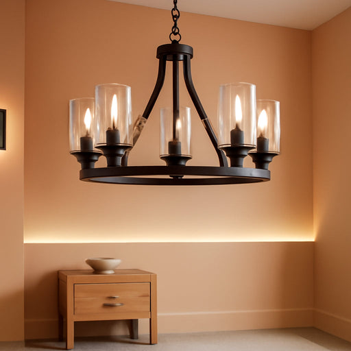 Farmhouse Chandelier Lighting round 5 Lights Oil Rubbed Bronze with Glass Shade Ceiling Hanging Vintage Rustic Light Fixture for Dining Room Living Room Foyer Porch Kitchen Island
