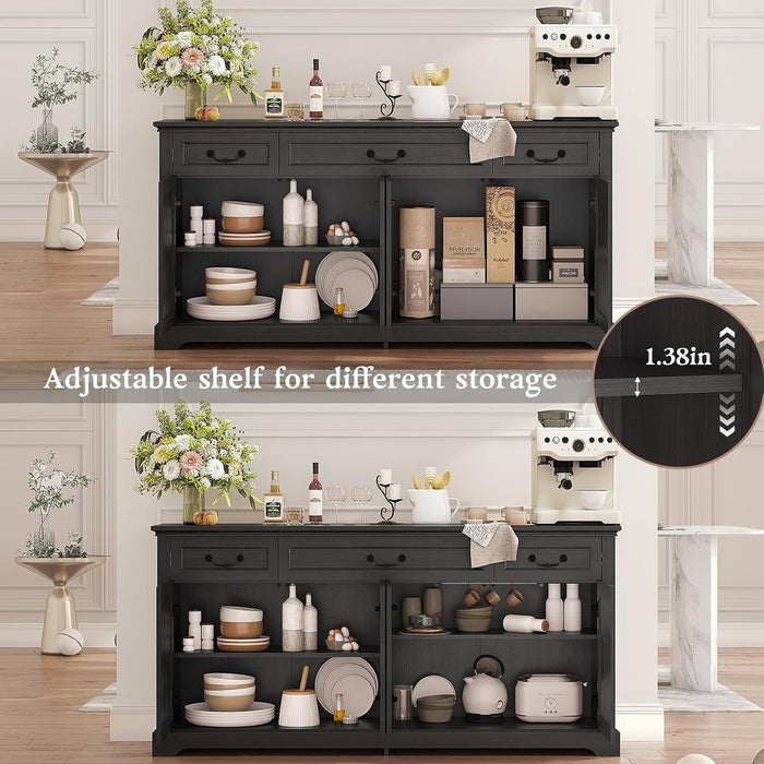 65" Large Sideboard Buffet Cabinet with Storage, Farmhouse Buffet Table Wine Coffee Bar Kitchen Storage Cabinet with 3 Drawers 4 Doors for Living Room, Kitchen, Dining Room, Black Oak