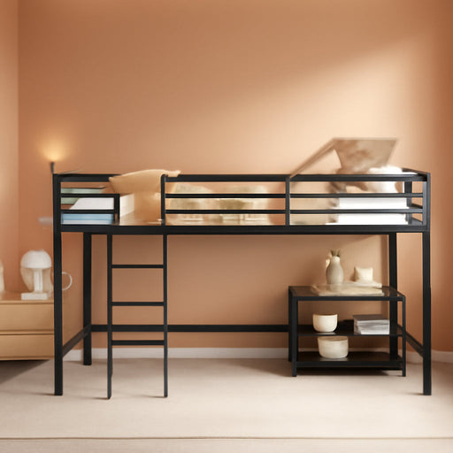 Low Loft Bed Twin Size, Heavy Duty Metal Frame W/Storage Shelves, Ladder & Full-Length Guardrails, Ample Under-Bed Space, Kids Loft Bed with Stairs for Boys Girls Junior, No Box Spring Needed