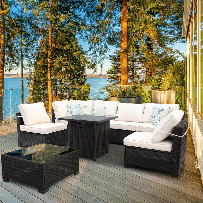 8 Pieces Wicker Patio Furniture Set with Fire Pit Table (Brown/Beige), Perfect for Outdoor, Deck, Garden, Poolside, Includes Splashproof Anti-Slip Cushions and 2 Pillows