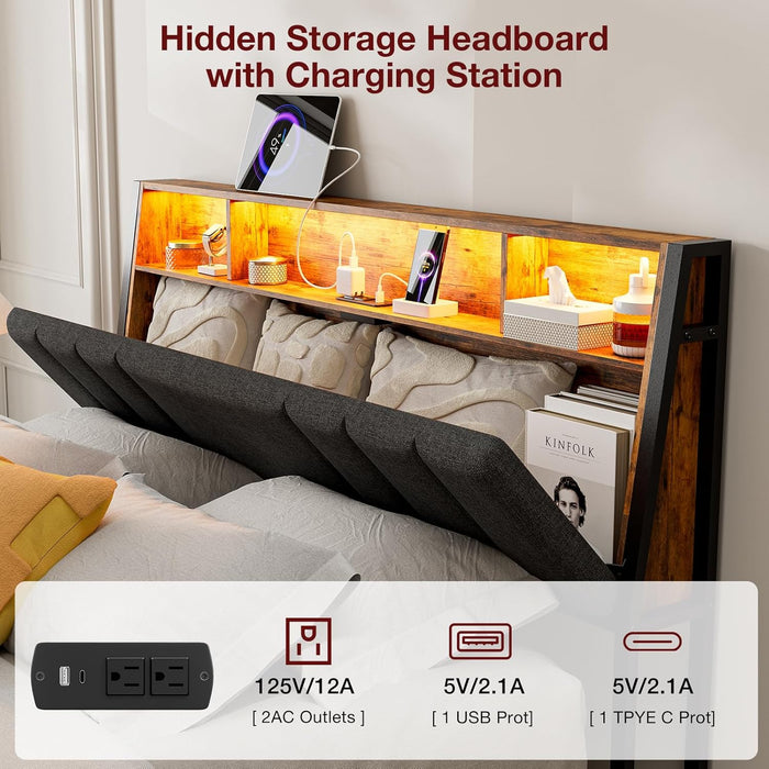 Queen Size Hidden Storage Headboard with LED Lights, Ergonomic Upholstered Queen Headboard Only with Charging Station, 2 Outlets & 2 USB Ports, Easy Assembly, Attach Frame, Dark Grey