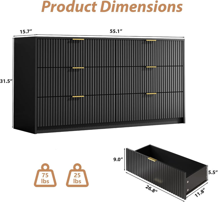 55" Wide Fluted 6-Drawer Double Dresser for Bedroom, Black
