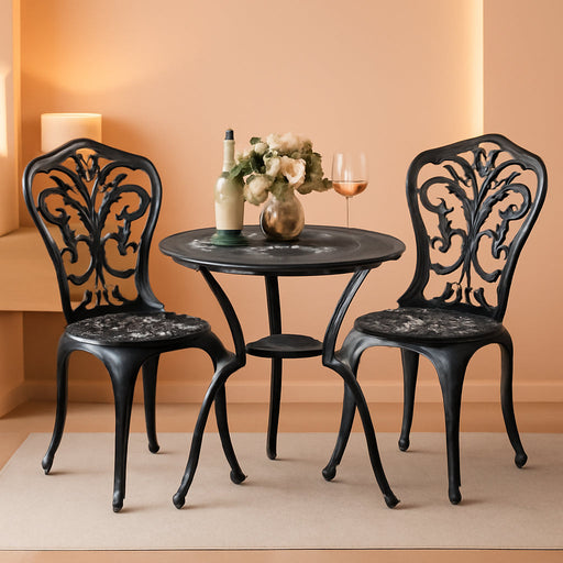 3 Piece Outdoor Bistro Table Set, All Weather Cast Aluminum Patio Bistro Sets Patio Table and Chairs Set of 2 with Umbrella Hole for Yard, Garden, Balcony, Black