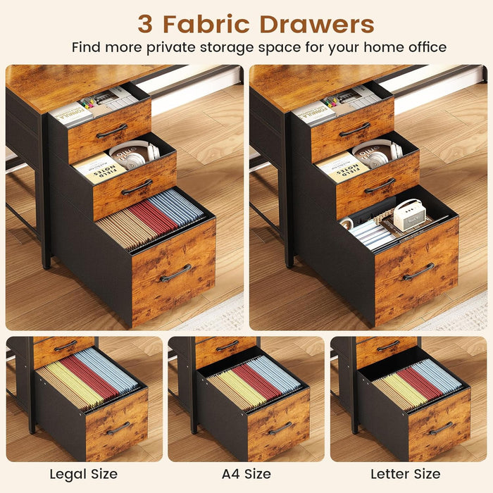 L Shaped Desk with Hutch and 3 Drawers, Convertible 94.5" Computer Desk with File Drawer, L Shaped Office Desk with Power Outlet, LED Lights, Storage and Pegboard for Home Office, Brown