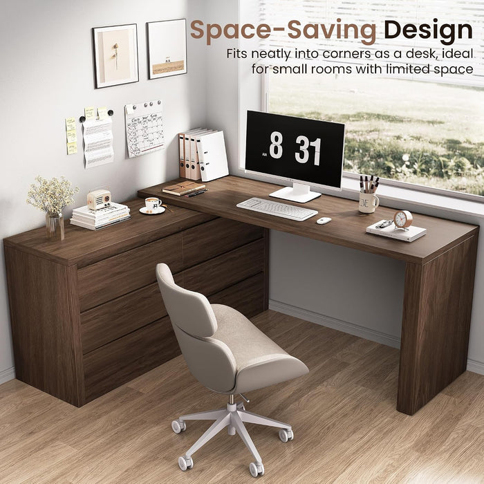 6 Drawer Double Dresser for Bedroom, L Shaped Modern Simply Chest of Drawers, Wood Storage Corner Dresser with Anti-Tipping for Living Room Entryway Home Office, Walnut