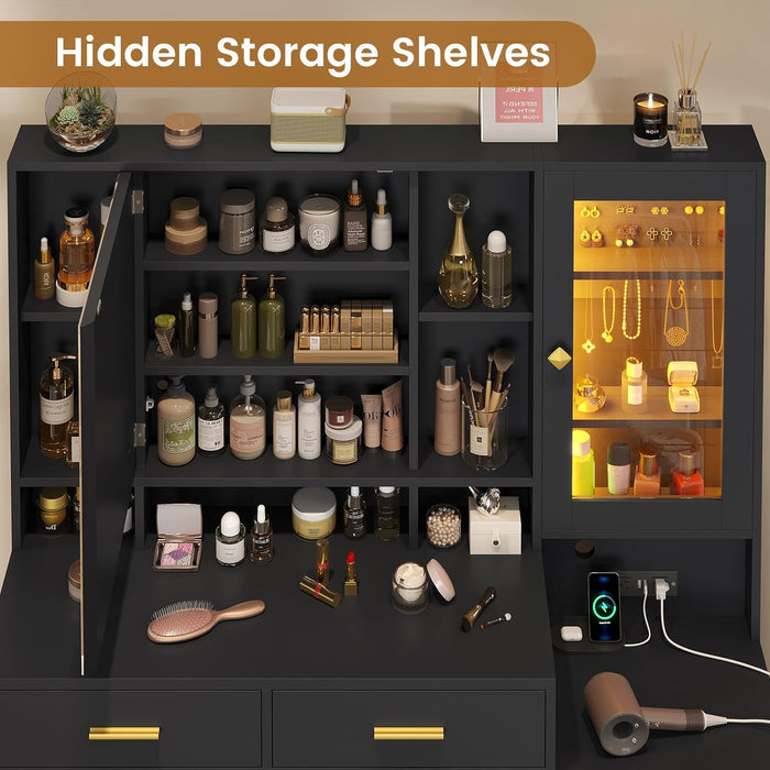 Makeup Vanity with Upholstered Stool & Charging Station, Vanity Desk with Mirror and Lights & Jewelry Storage, Vanity Table Set with RGB Lights & 5 Drawers & Shelves, Black & Gold