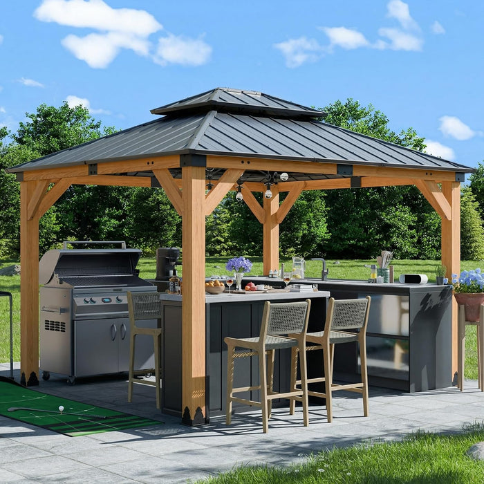 10X12 FT Cedar Wood Gazebo,Hardtop Wooden Gazebo with 4.6In Thickened Posts&High Load-Bearing Galvanized Steel Roof for Outdoor, Patio, Backyard-Natural