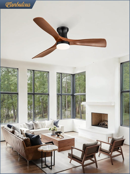 52 Inch Ceiling Fans with Lights and Remote, 3 Blades Flush Mount Low Profile Ceiling Fan, Efficient 3475 CFM, Safe ABS, Timer, Quiet 35Db, 3CCT, Reversible for Bedroom Living Room, Walnut