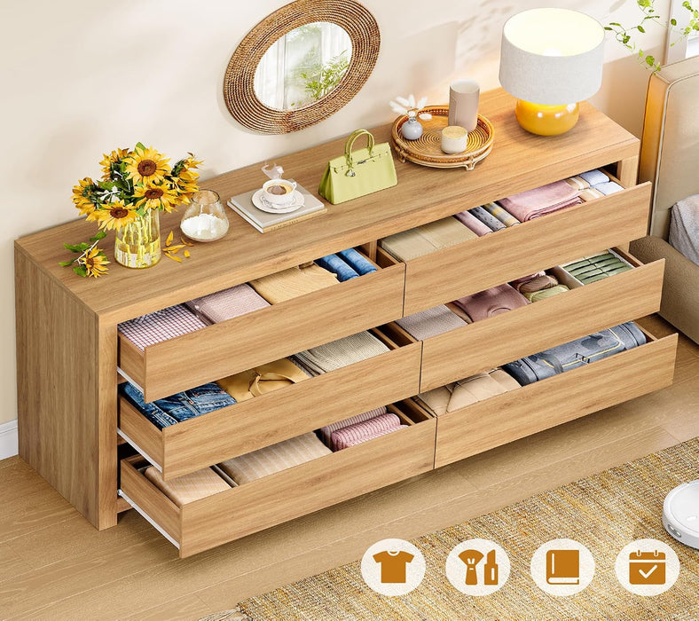 55" Dresser for Bedroom with 6 Drawers, Modern Dressers & Chests of Drawers with Thicker Panels, Wooden Dresser TV Stand, Bedroom Dressers, for Bedroom, Hallway, Natural
