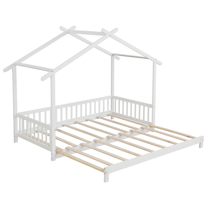 Extendable House Bed Twin to King Daybed with Roof and Fence Rails