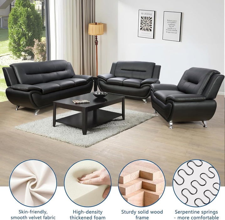 3 Piece Living Room Couch Set, Faux Leather Sofa Set, Modern Sofa Couch Set Living Room Furniture (Sofa+Loveseat+Chair, Black)