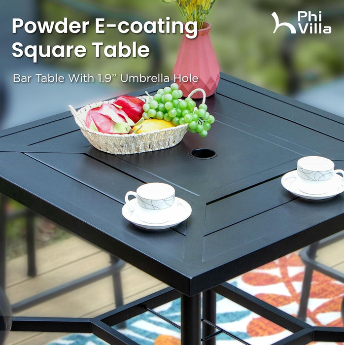 5 Piece Patio Bar Set, High Top Outdoor Table and Chairs for 4 with Swivel Padded Bar Stools outside and Square Metal Bar Bistro Table for Garden, Deck and Poolside