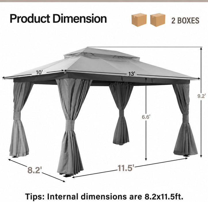 Patio Gazebo 10'X13', Outdoor Heavy Duty Party Tent Shelter with Double Roofs, Mosquito Nettings and Privacy Screens for Backyard, Garden, Lawn, Gray