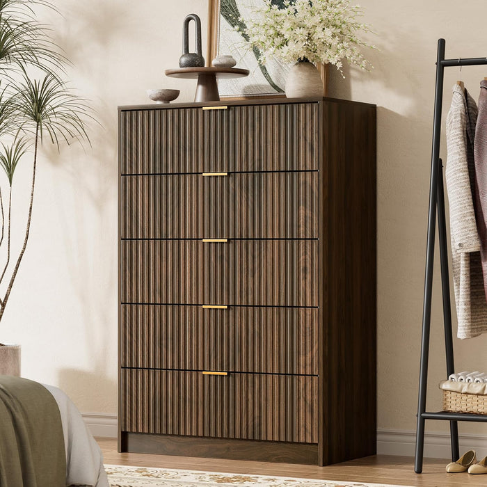 Walnut Dresser for Bedroom, Tall Dresser with 5 Drawers and Smooth Slides, Modern Chest of Drawers with Golden Handles for Bedroom, Living Room, Closet, 15.7" D X 31.5" W X 47.2" H