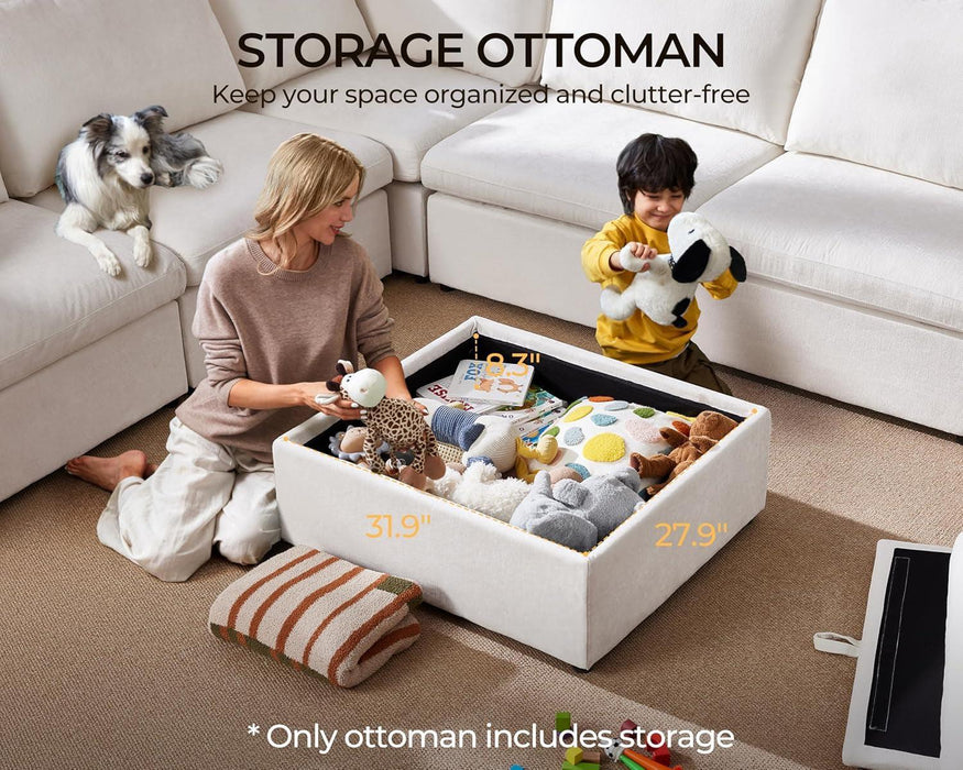 102.8'' Loveseat Power Recliner Sofa with Headrest, Oversized Cloud Modular Sectional Couch with Table, Drawer, Charging, 3-Seater with Storage Ottoman for RV Home Theater, Chenille, White