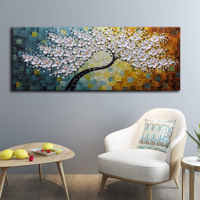 - 100% Hand Painted Contemporary Art Oil Painting on Canvas Texture White 3D Flower Paintings Modern Home Bedroom Living Room Wall Decor Abstract Art Paintings 24X60Inch