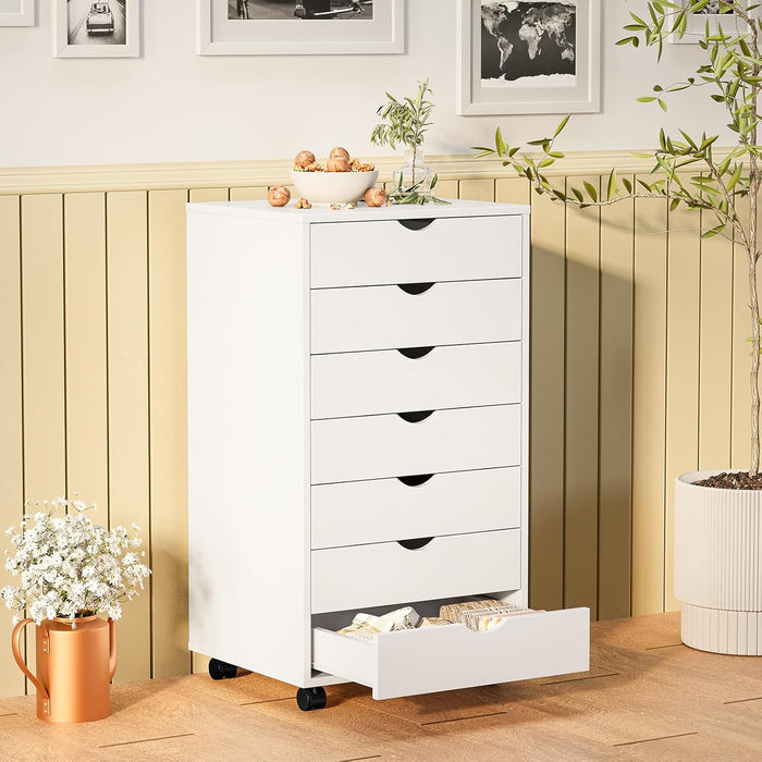 7 Drawer Rolling Storage Cabinet, Wood under Desk Mobile Dresser with Wheels, Small Organizer Chest for Home Office, Bedroom, Rolling Vertical Organizer for Home Office, White